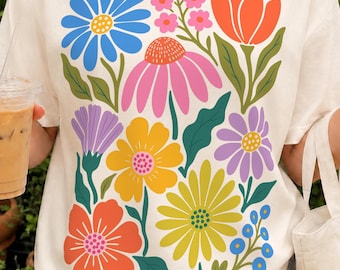 PNG de flores retro / Imágenes prediseñadas florales coloridas / Gráfico de ramo de flores silvestres / Diseño de camiseta con flores de jardín