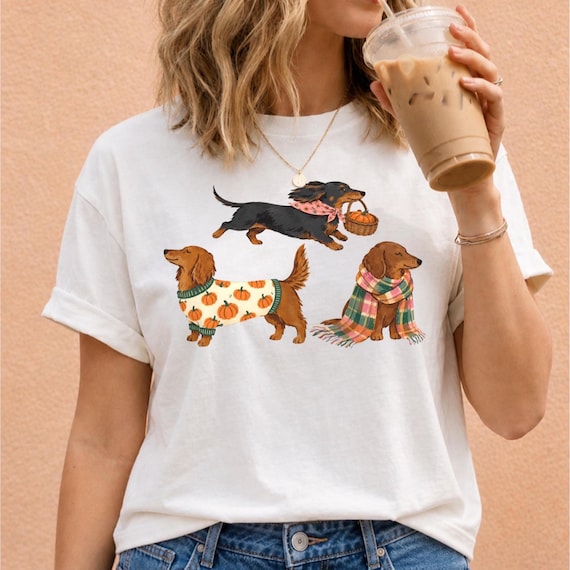 Fall Dachshund PNG | Autumn Dog Clipart | Cozy Pumpkin Sweater Graphic | Halloween Dog Shirt Design