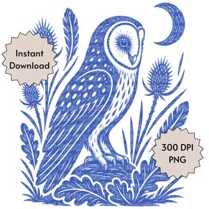 May include: A blue and white digital illustration of a barn owl perched on a mound, surrounded by thistle plants, feathers, and a crescent moon. The image features two beige starburst badges with the text Instant Download and 300 DPI PNG.