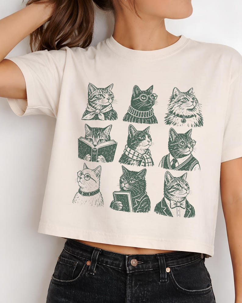 Bookish Cats PNG | Vintage Reading Cat Clipart | Book Lover Graphic | Retro Literary Shirt Design image 2