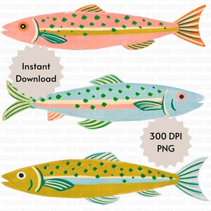 May include: Three digital illustrations of fish arranged vertically. The top fish is pink with green spots, the middle is light blue with green spots, and the bottom is yellow with green spots. Text reads Instant Download and 300 DPI PNG.