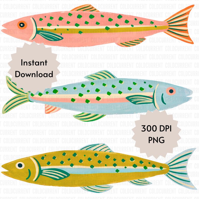 May include: Three digital illustrations of fish arranged vertically. The top fish is pink with green spots, the middle is light blue with green spots, and the bottom is yellow with green spots. Text reads Instant Download and 300 DPI PNG.