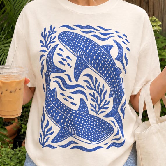 Whale Shark PNG | Linocut Ocean Clipart | Coastal Sea Life Graphic | Marine Animal Shirt Design