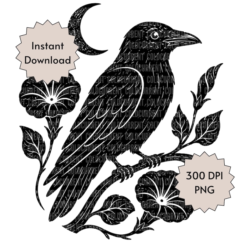 May include: A black and white graphic illustration of a crow perched on a flowering branch with a crescent moon in the background. The image features two starburst-shaped text labels that read Instant Download and 300 DPI PNG.