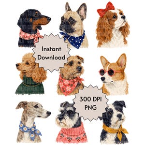 Puede incluir: Una colecci&oacute;n de ocho ilustraciones de perros que incluye un perro salchicha con pa&ntilde;uelo floral, un bulldog franc&eacute;s con pa&ntilde;uelo azul de lunares, un spaniel con lazo rojo, un caniche con su&eacute;ter verde, un terrier con pa&ntilde;uelo floral, un corgi con gafas de sol rojas, un galgo con pa&ntilde;uelo de margaritas y un schnauzer con su&eacute;ter rosa.
