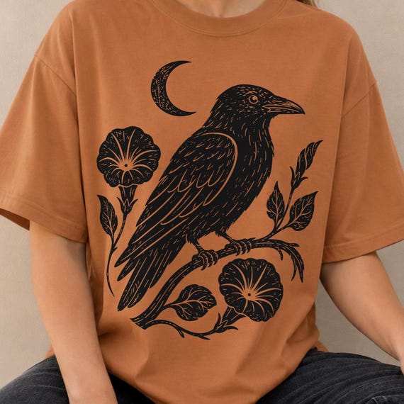 Linocut Raven PNG | Dark Gothic Bird Clipart | Crow Crescent Moon Graphic | Halloween Shirt Design