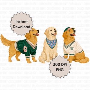 May include: Three golden retriever illustrations featuring one dog in a green varsity sweater with a letter G, one dog wearing a blue floral bandana, and one dog in a white tennis sweater with a green cap. Text reads Instant Download and 300 DPI PNG.