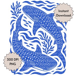 Op de afbeelding: Een blauw-witte digitale illustratie met twee walvishaaien die zwemmen tussen gestileerde golven, zeewier en kleine vissen. De afbeelding bevat tekstoverlays met Instant Download en 300 DPI PNG in beige stervormige kaders.