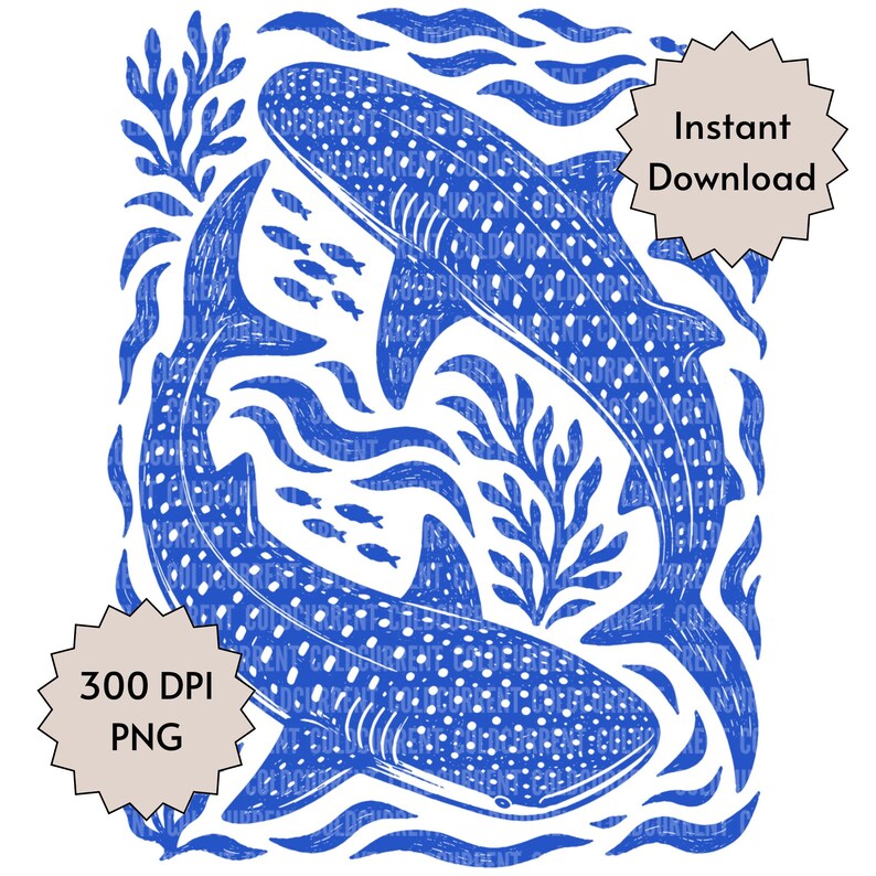 Op de afbeelding: Een blauw-witte digitale illustratie met twee walvishaaien die zwemmen tussen gestileerde golven, zeewier en kleine vissen. De afbeelding bevat tekstoverlays met Instant Download en 300 DPI PNG in beige stervormige kaders.