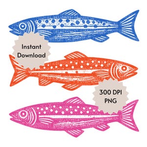 May include: Three colorful fish illustrations in blue, orange, and pink, each with a unique pattern of dots and lines. The image includes the text "Instant Download" and "300 DPI PNG".