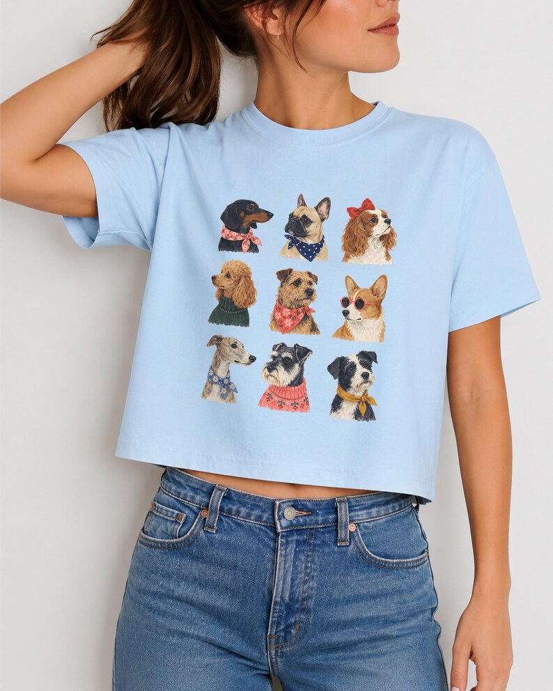 Puede incluir: Una camiseta de manga corta de color azul claro con un estampado gr&aacute;fico de nueve razas de perros diferentes dispuestas en cuadr&iacute;cula. Cada perro est&aacute; ilustrado con accesorios distintos, como pa&ntilde;uelos estampados, un lazo rojo y gafas de sol.