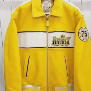 Chaqueta de cuero Avirex Yellow Aviator King 75 para hombre, estilo vintage, bomber, de piel de vacuno auténtica, estilo universitario, chaqueta motera, regalo de lujo para hombre. imagen 1