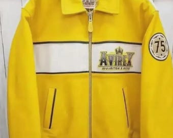Avirex Yellow Aviator King 75 Leather Jacket Men’s Vintage Style Bomber Genuine Cowhide Varsity Biker Jacket Luxury Street-wear Gift for Him