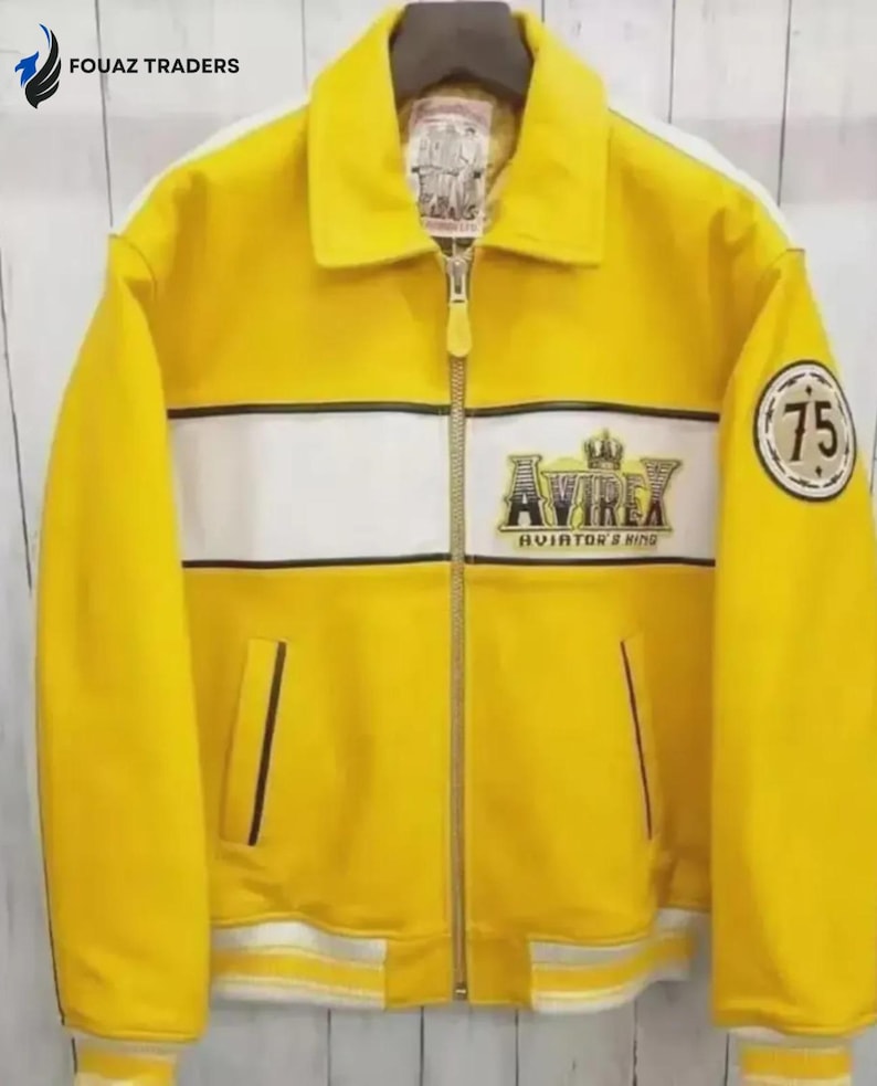 Chaqueta de cuero Avirex Yellow Aviator King 75 para hombre, estilo vintage, bomber, de piel de vacuno auténtica, estilo universitario, chaqueta motera, regalo de lujo para hombre. imagen 1