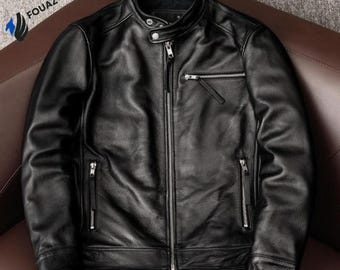 Chaqueta de motociclista de cuero genuino para hombre – Cuello mao hecho a mano, calidez invernal, Easy Rider