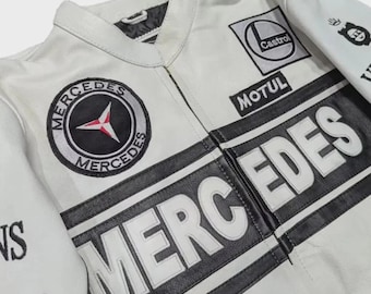Chaqueta de cuero estilo Mercedes-Benz F1 para motociclistas deportivos de carreras. Chaqueta de cuero de vaca.