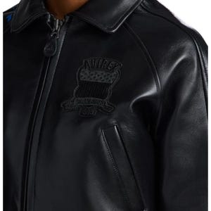 Avirex Cropped Black Leather Bomber Jacket – Genuine Cowhide Varsity Streetwear Fashion image 5