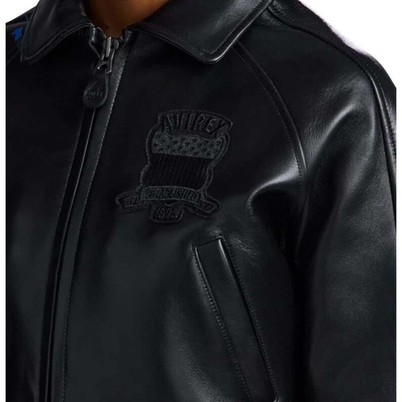 Avirex Cropped Black Leather Bomber Jacket – Genuine Cowhide Varsity Streetwear Fashion image 5