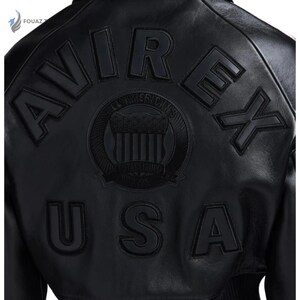 Avirex Cropped Black Leather Bomber Jacket – Genuine Cowhide Varsity Streetwear Fashion image 2