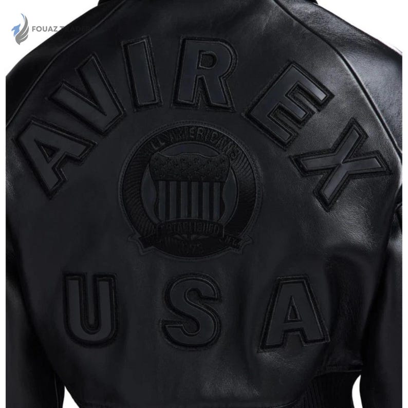Avirex Cropped Black Leather Bomber Jacket – Genuine Cowhide Varsity Streetwear Fashion image 2