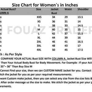 Puede incluir: Una tabla de tallas de chaquetas en pulgadas. Muestra medidas de busto, cintura, hombros y mangas, de XXS a 4XL. El texto incluye instrucciones para medir y pedir la talla correcta.