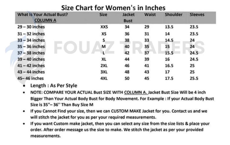 Puede incluir: Una tabla de tallas de chaquetas en pulgadas. Muestra medidas de busto, cintura, hombros y mangas, de XXS a 4XL. El texto incluye instrucciones para medir y pedir la talla correcta.