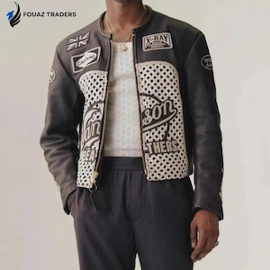 Aime Leon Dore x Vanson Leather Jacket Perforated Woven Cowhide Racing Biker Jacket, Black White Patchwork Vintage Motorcycle Jacket for Men