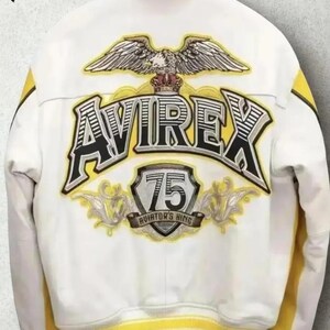 Chaqueta de cuero Avirex Yellow Aviator King 75 para hombre, estilo vintage, bomber, de piel de vacuno auténtica, estilo universitario, chaqueta motera, regalo de lujo para hombre. imagen 2