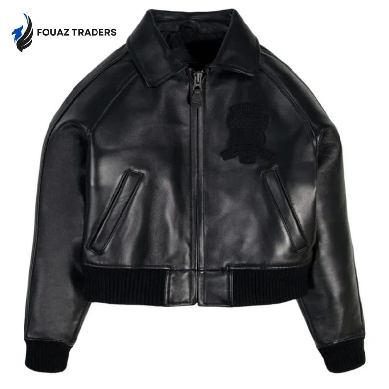Avirex Cropped Black Leather Bomber Jacket – Genuine Cowhide Varsity Streetwear Fashion image 4