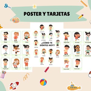 Emotions Poster + Flashcards for Kids | 18 Illustrated Feeling Cards | Bilingual English Spanish | Social Emotional Learning