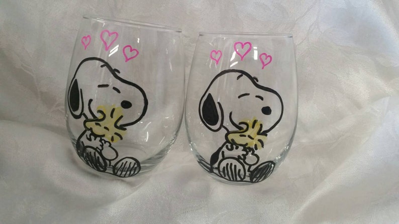 Hand etched and painted Snoopy & Woodstock stemless glass set image 6