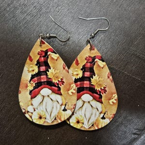 Fall Thanksgiving themed teardrop earrings, faux leather, wood