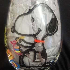Hand etched and painted Snoopy & Woodstock stemless glass set image 5