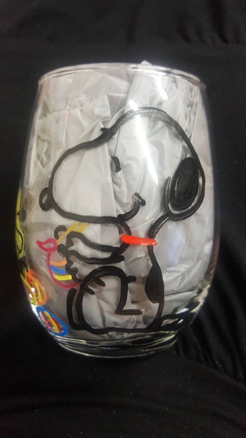 Hand etched and painted Snoopy & Woodstock stemless glass set image 5