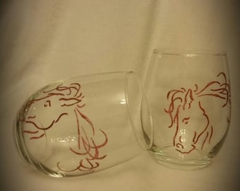 Hand etched horse head stemless wine glasses