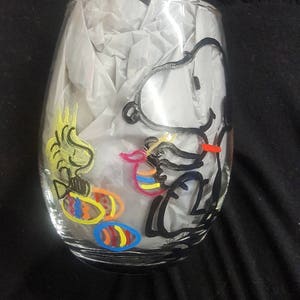 Hand etched and painted Snoopy & Woodstock stemless glass set image 4