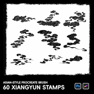60 Asian Cloud Procreate Stamps, Photoshop ABR Brushes, Vintage Chinese Auspicious Cloud Brush Set, Traditional Japanese Sumi-e Sky Pattern