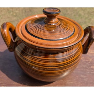 Vintage Oven Proof Japan Brown Black Swirl Drip Glaze Lidded Sugar Bowl Pot