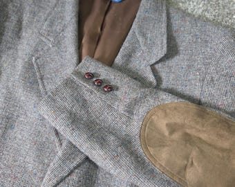 Pendleton Grauer Herren-Sakko, Wolle, Tweed, Wildleder, Ellbogen-Patches, Sportmantel, Größe 46