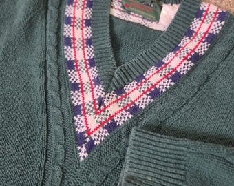 Northern Reflections Parkhurst Mens Green Cable Knit V-Neck Plaid Trim Sweater L