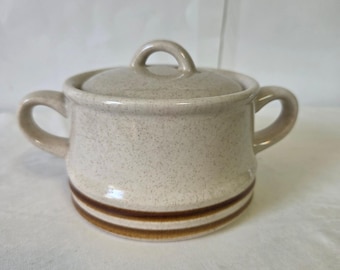 Suncraft Stoneware Sugar Bowl with Lid Cream Brown Striped Japan Vintage MCM