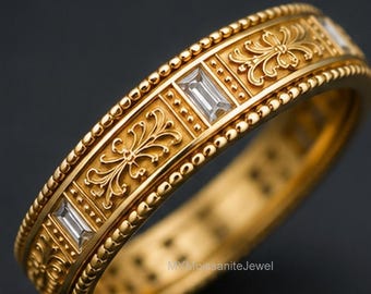 Vintage Antique Art Deco Full Eternity Wedding Band,14K Gold Filigree Band, Engraved Baguette Cut Moissanite Engagement Band , Gift For Her