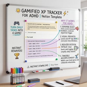 Puede incluir: Una pizarra blanca con el texto "GAMIFIED XP TRACKER FOR ADHD | Notion Template." La pizarra incluye una tabla con niveles y una sección titulada "WHY IT WORKS FOR ADHD." Se ven rotuladores de colores y un ordenador portátil.