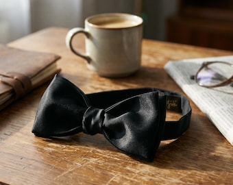 Czarna satynowa muszka, męska muszka do samodzielnego wiązania, klasyczna czarna muszka, muszka ślubna, prezent dla drużby, elegancka formalna muszka, dodatek do smokingu