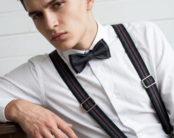 Mens suspenders set with bow tie, striped black suspenders red stripe, groomsmen outfit set, wedding suspenders bow tie combo, gift for him