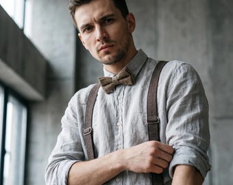 Brown Wool Bow Tie and Elastic Suspenders Set, Rustic Wedding Accessory