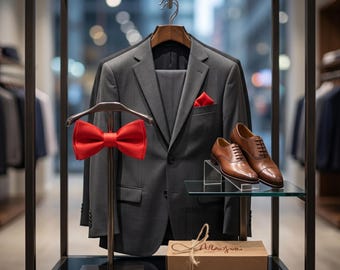 Röd fluga, set med röda näsdukar, set med herrflugor, formell bröllopsfluga, satinfluga, accessoar för brudgummen, klassisk fluga, present till honom