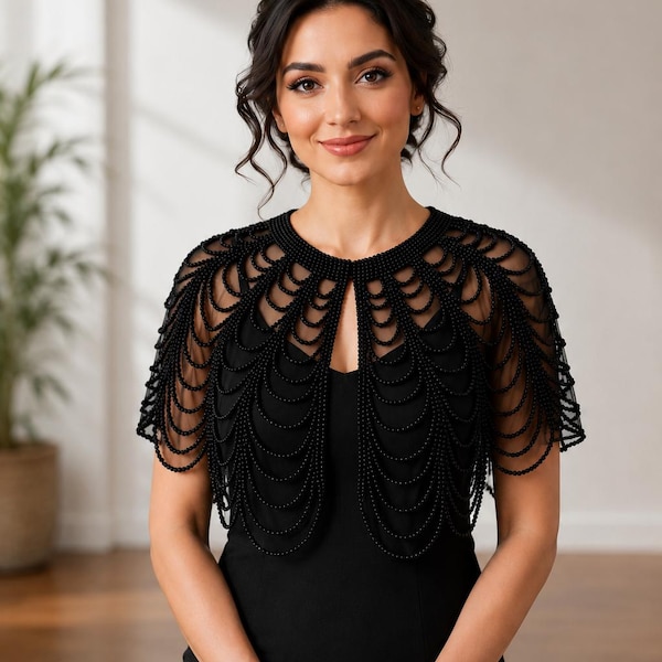 Black Beaded Shoulder Capelet,Scalloped Mesh Bridal Shrug,  Elegant Evening Dress Cover Up, Wedding Cape
