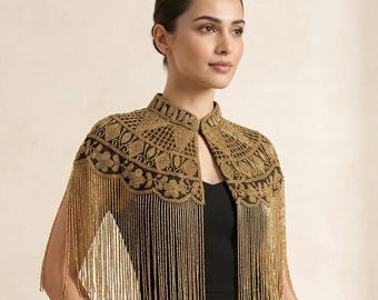 Mantellina con frange dorate, mantello da sposa boho con spalle, mantello da matrimonio, coprispalle