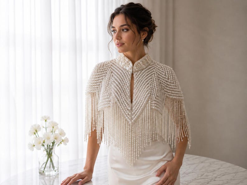 Hand Beaded Pearl Capelet, Kutdana Wedding Dress Cover Up, Statement ...